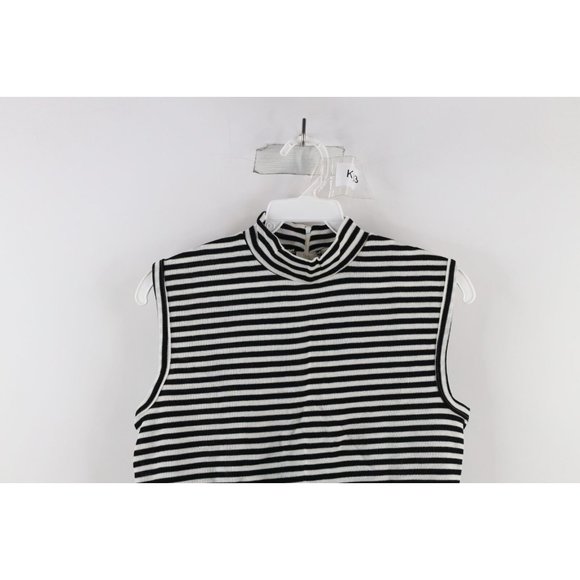 Vtg 70s Macys Womens Medium Striped Half Zip Knit Sleeveless Shirt Black White - Picture 2 of 8